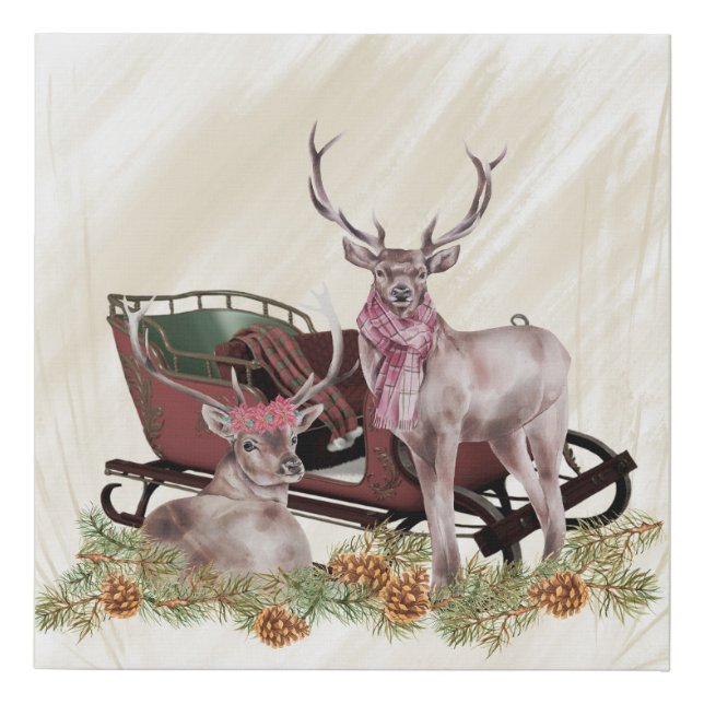 Rustic Reindeer & Santa Faux Wrapped Canvas Print (Front)