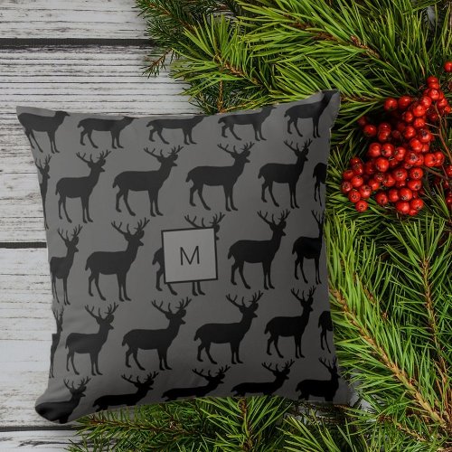 Rustic Reindeer Silhouettes dark gray monogram Throw Pillow