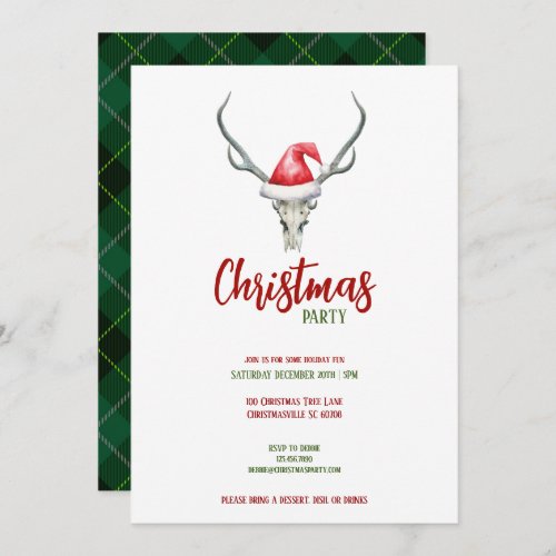 Rustic Reindeer Skull Santa Hat Christmas Party Holiday Card