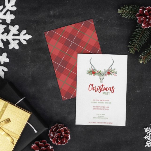 Rustic Reindeer Skull with Plaid Christmas Party Holiday Card (Creator Uploaded)