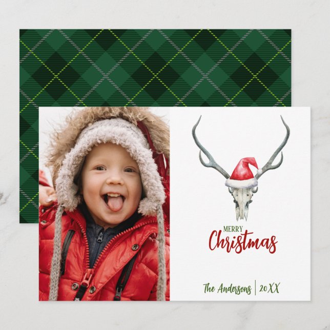 Rustic Reindeer Skull with Plaid Christmas Photo Holiday Card (Front/Back)