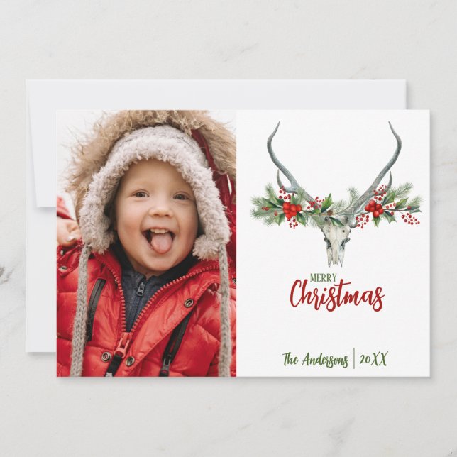 Rustic Reindeer Skull with Plaid Christmas Photo Holiday Card (Front)