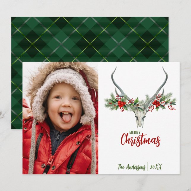 Rustic Reindeer Skull with Plaid Christmas Photo Holiday Card (Front/Back)
