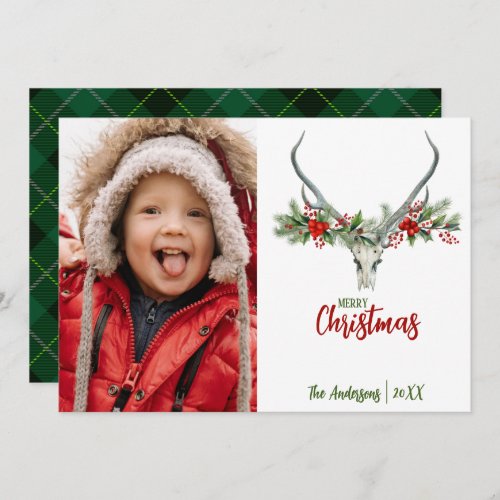 Rustic Reindeer Skull with Plaid Christmas Photo Holiday Card
