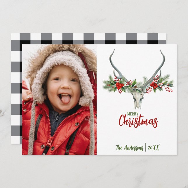Rustic Reindeer Skull with Plaid Christmas Photo Holiday Card (Front/Back)