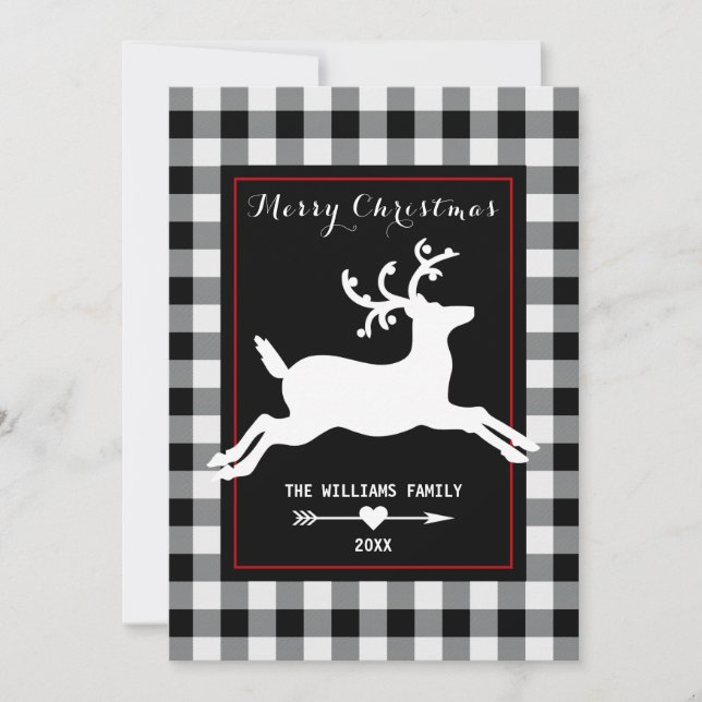 Rustic Reindeer White Buffalo Plaid Christmas Holiday Card (Front)