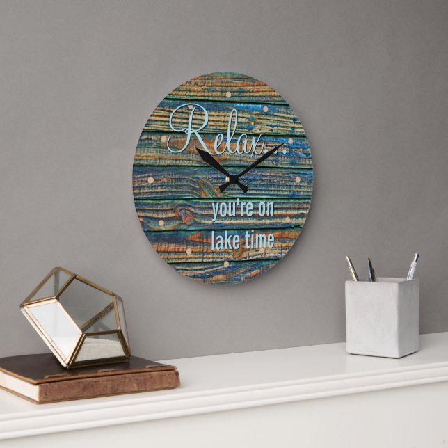 Rustic Relax You Are On Lake Time Quote Large Clock (Office)