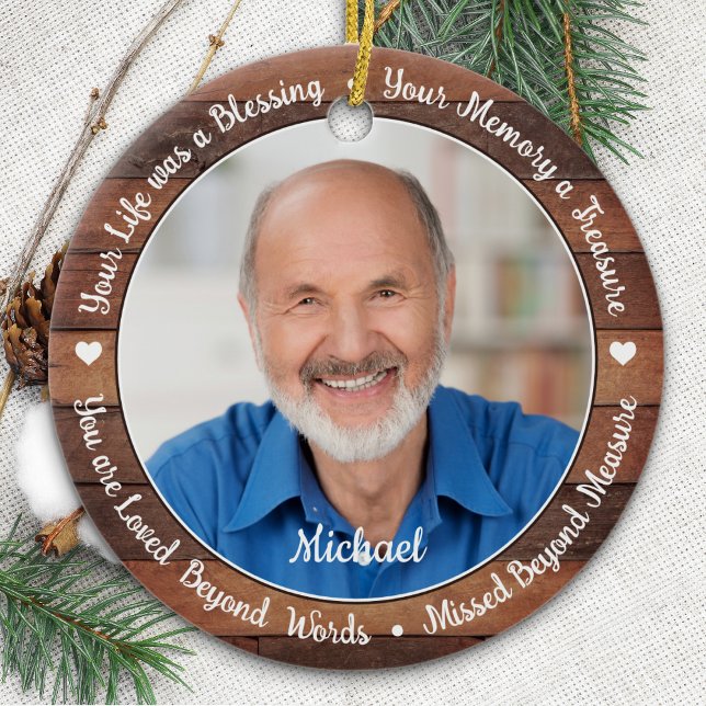 Rustic Remembrance Memorial Personalized 2 Photo Ceramic Ornament (Creator Uploaded)