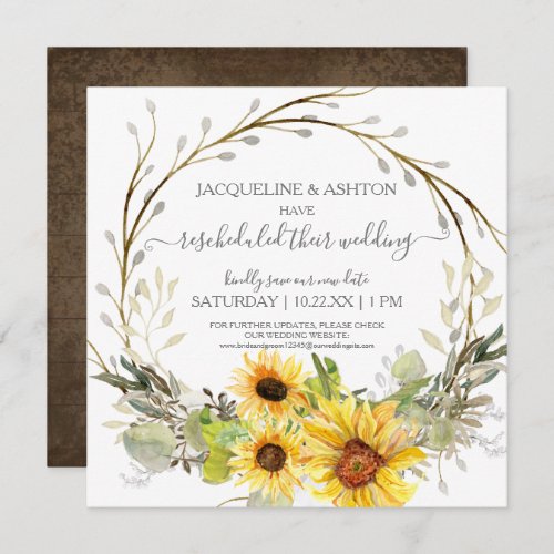 Rustic Rescheduled Wedding Script Sunflower Floral Invitation