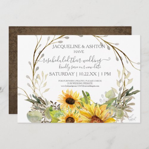 Rustic Rescheduled Wedding Script Sunflower Wooden Invitation