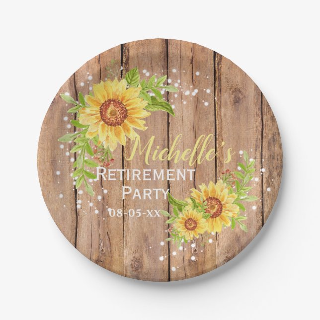 Rustic Retirement Floral Sunflower Party Paper Plates (Front)