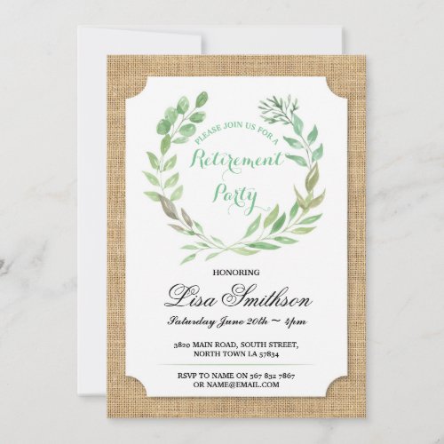 Rustic Retirement Party Burlap Leaves Green Wreath Invitation