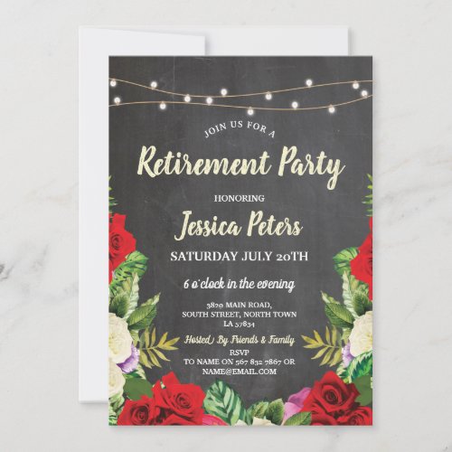 Rustic Retirement Party Chalk Red Roses Flower Invitation