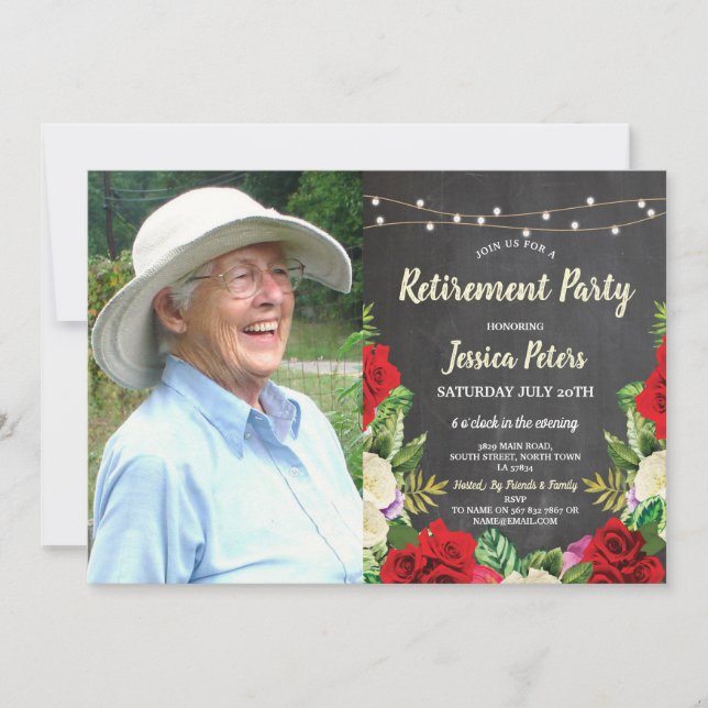 Rustic Retirement Party Chalk Red Roses Photo Invitation (Front)