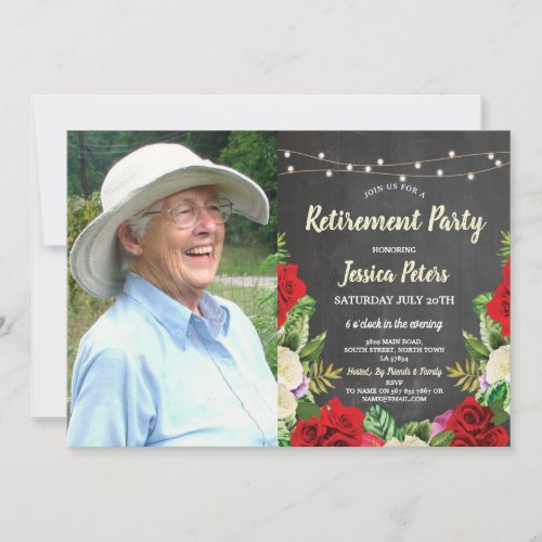 Rustic Retirement Party Chalk Red Roses Photo Invitation