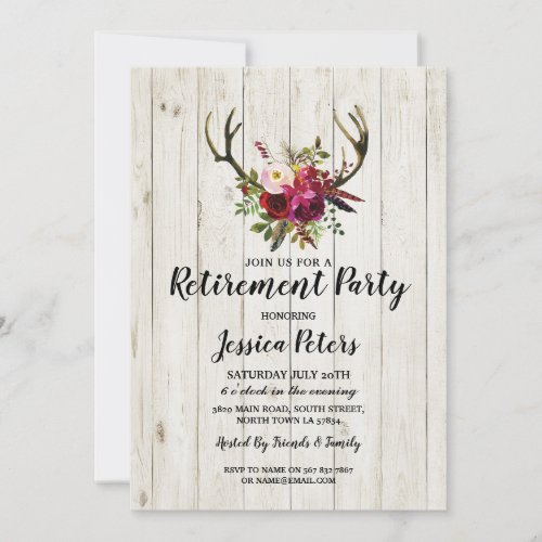 Rustic Retirement Party Dinner Floral Antler Stag Invitation