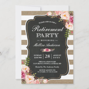 Rustic Retirement Party Floral Burlap Stripes Invitation