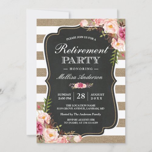 Rustic Retirement Party  Floral Burlap Stripes Invitation