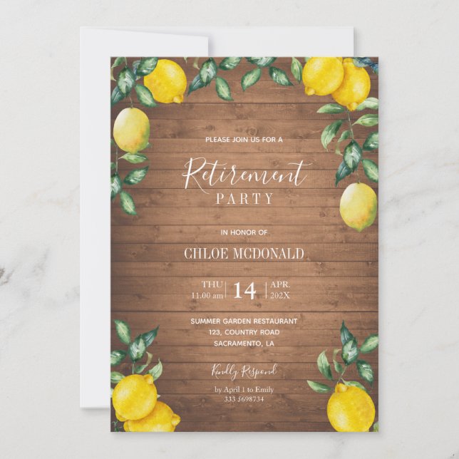 Rustic Retirement Party invitation with lemons (Front)