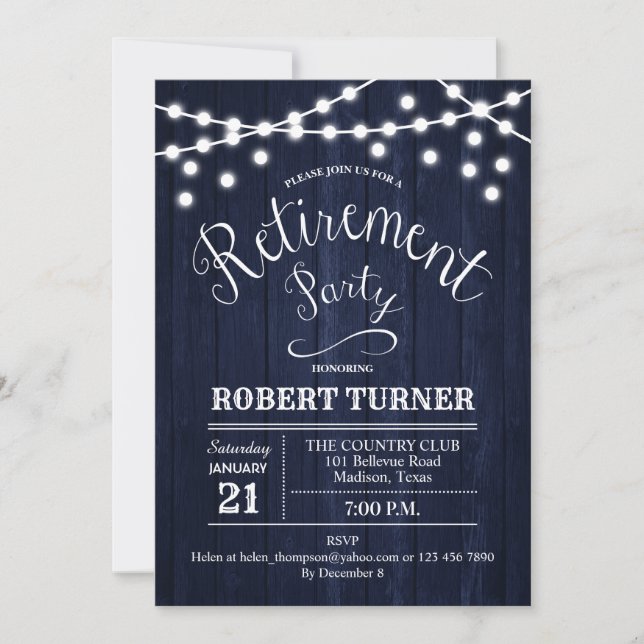 Rustic Retirement Party - Navy Wood Pattern Invitation (Front)