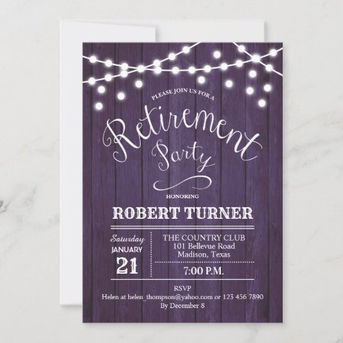 Rustic Retirement Party _ Purple Wood Pattern Invitation