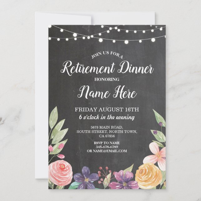 Rustic Retirement Party Retire Chalk Floral Invite (Front)