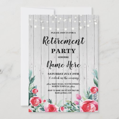 Rustic Retirement Party Roses Floral Wood Retired Invitation