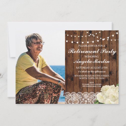 Rustic Retirement Party Wood Lace Rose Photo Invitation