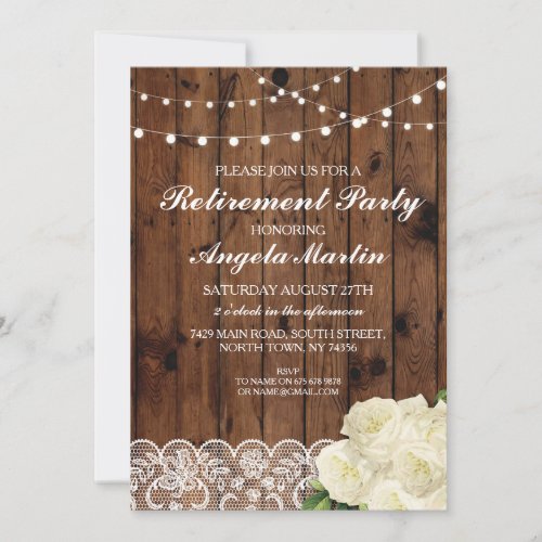 Rustic Retirement Party Wood Lights Lace Rose Invitation