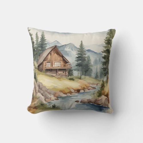 Rustic Retreat in Watercolor Mountain Decor Throw Pillow