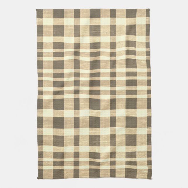 Rustic Retro Beige Brown Textured Plaid Pattern Kitchen Towel (Vertical)