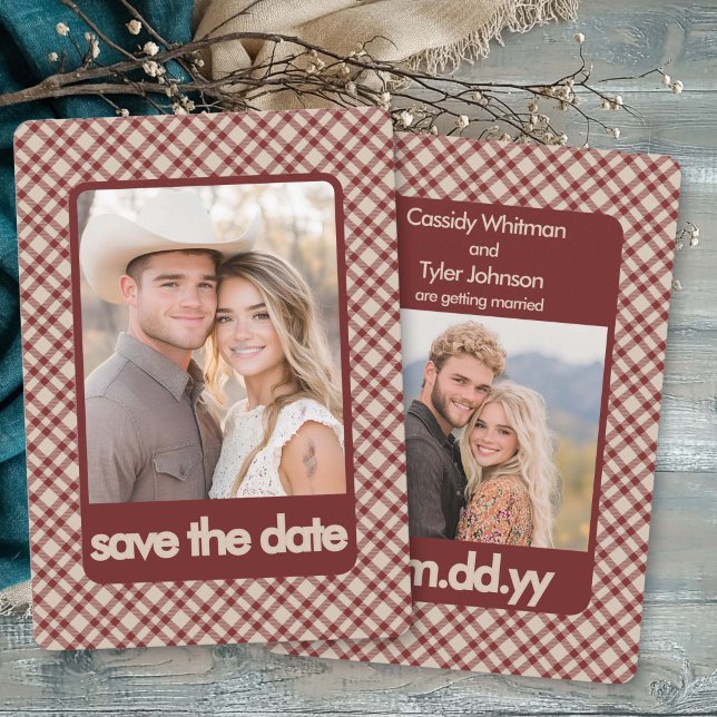 Rustic Retro Brown Gingham Western Multi Photo Save The Date (Winter save the date with two photos, red-brown plaid and bold typography by Darling & May)
