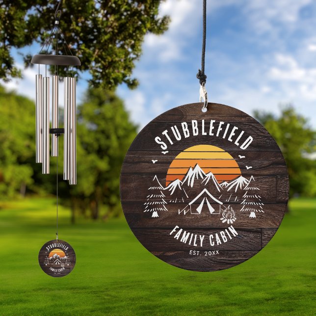 Rustic Retro Family Name Wood Look Custom Wind Chime (Outdoor)