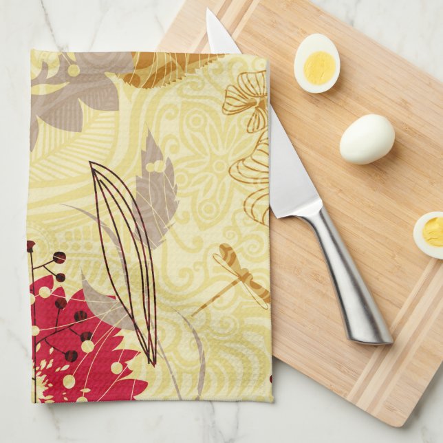 Rustic Retro Floral Pattern Beige And Red Kitchen Towel (Quarter Fold)
