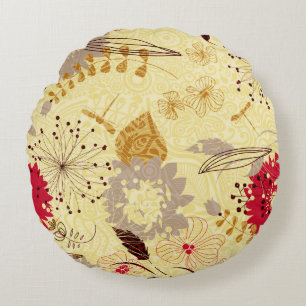 Rustic Retro Floral Pattern Beige And Red Round Pillow