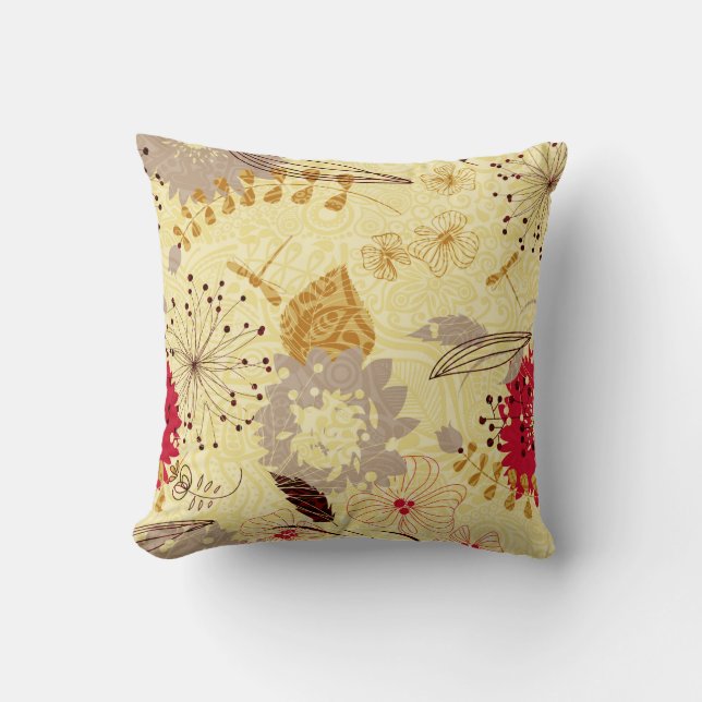 Rustic Retro Floral Pattern Beige And Red Throw Pillow (Front)