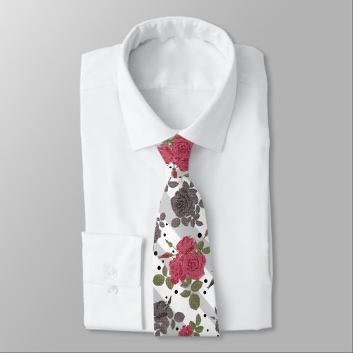 Rustic retro gray white striped flowers red roses neck tie
