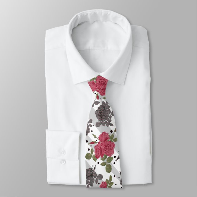 Rustic retro gray white striped flowers red roses neck tie (Tied)