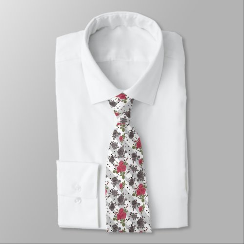 Rustic retro gray white striped flowers red roses  neck tie