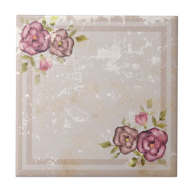 Rustic retro grunge beige texture flowers roses fl ceramic tile (Front)