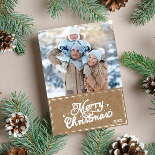 Rustic Retro Merry Christmas Typography Photo Holiday Card
