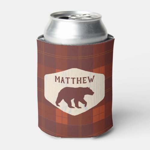 Rustic Retro Plaid Bear Personalized Can Cooler