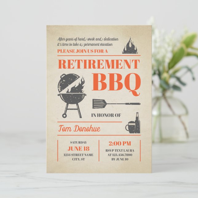 Rustic Retro Retirement BBQ Invitation (Standing Front)