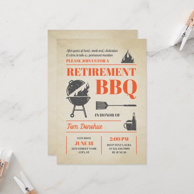 Rustic Retro Retirement BBQ Invitation (Front/Back In Situ)