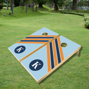Rustic Retro Stripes Monogram Family Name Cornhole Set