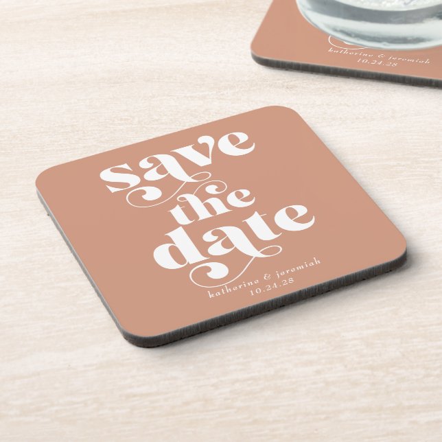Rustic Retro Typography Wedding Save the Date Beverage Coaster (Left Side)