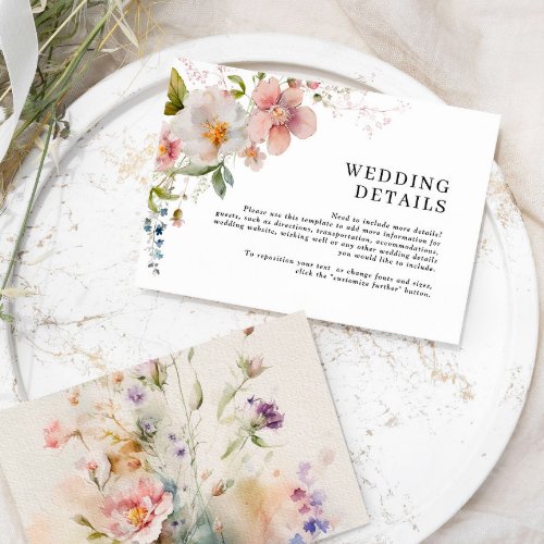 Rustic Retro Watercolor Wildflower Wedding Details Enclosure Card