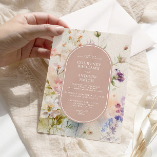 Rustic Retro Watercolor Wildflowers Wedding Invitation