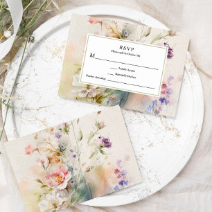 Rustic Retro Watercolor Wildflowers Wedding RSVP Card