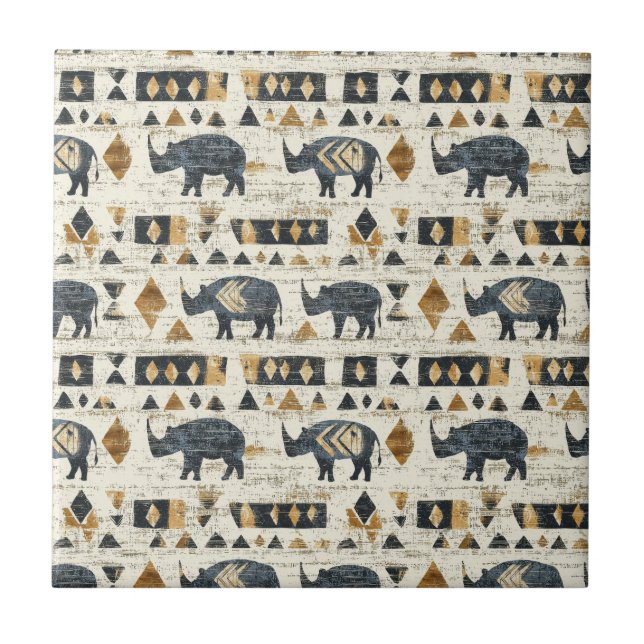 Rustic Rhino Tribal Pattern (1) Ceramic Tile (Front)